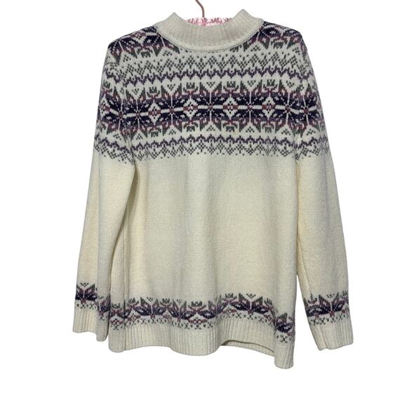 Alfred Dunner Vintage Ladies White Fair Isle Purple Snowflake Sweater Medium - Picture 1 of 5